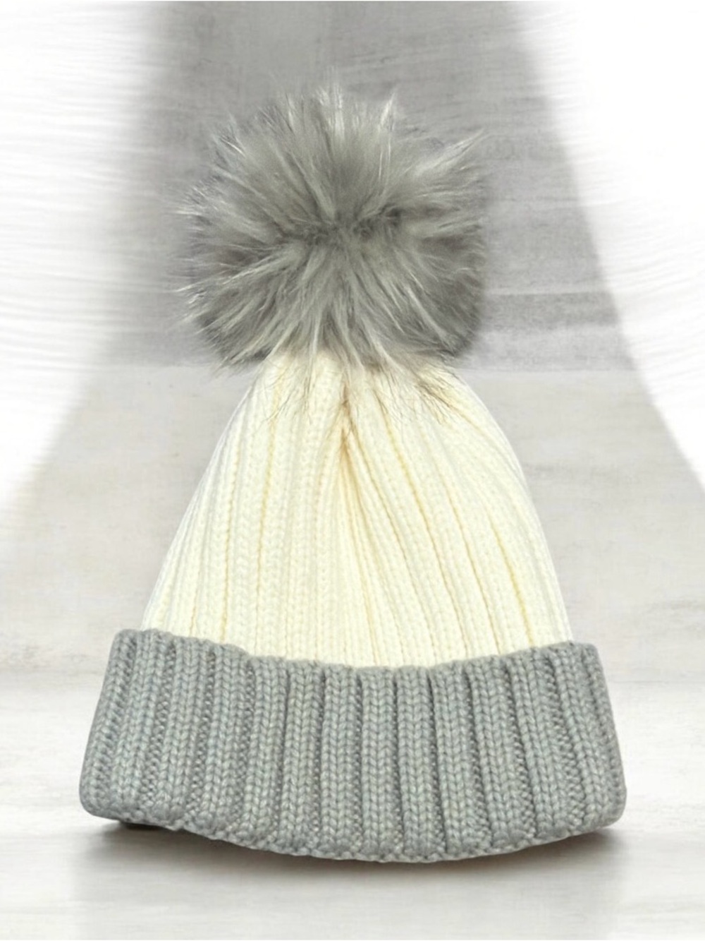 Kimberly C. Colorblock Knit Pom Beanie in Cream Gray NEW